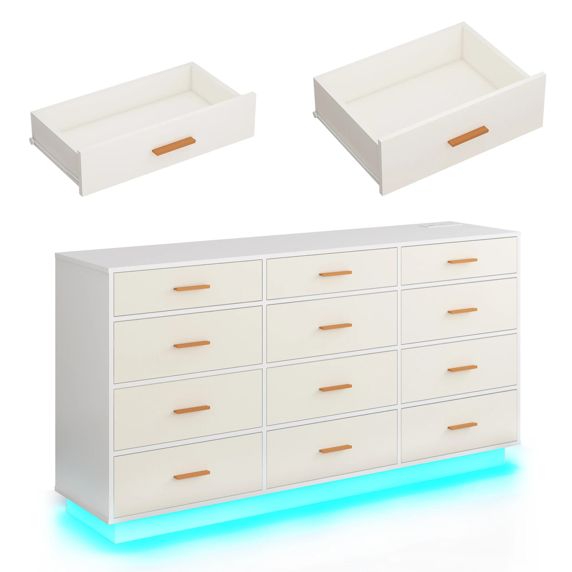 12 Drawer Dresser for Bedroom, 63'' Modern Chest of Drawers with Power Outlets & LED Lights, Wood Dresser for Living Room - Image 7