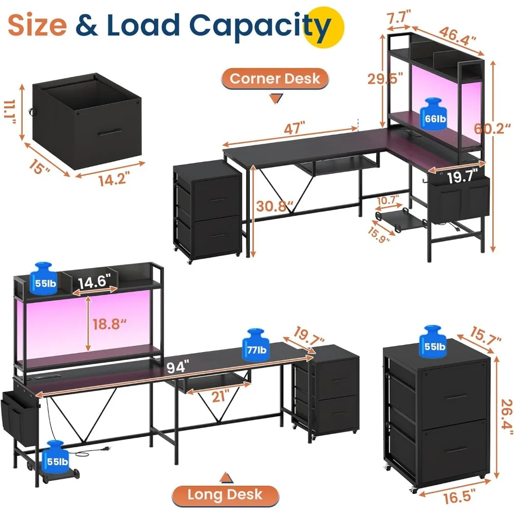 L Shaped Gaming Desk with Keyboard Tray, Reversible Computer Desk with Power Outlet, Corner Home Office Desks, Mobile File Cabin - Image 2