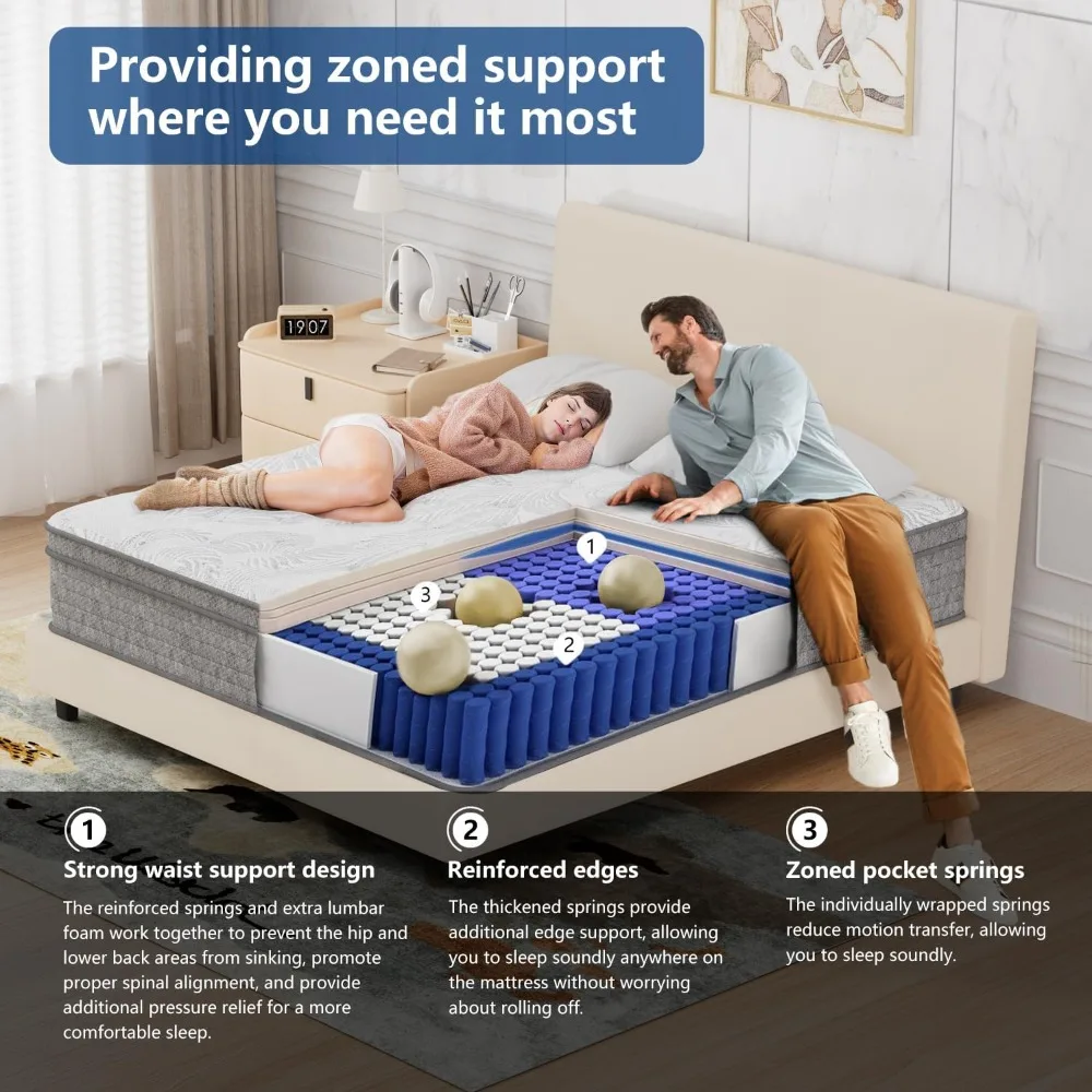 Full Mattress, 14 Inch Hybrid Full Size Mattress in a Box, Pocket Spring and Memory Foam for Pressure Relief, Motion Isolation - Image 6