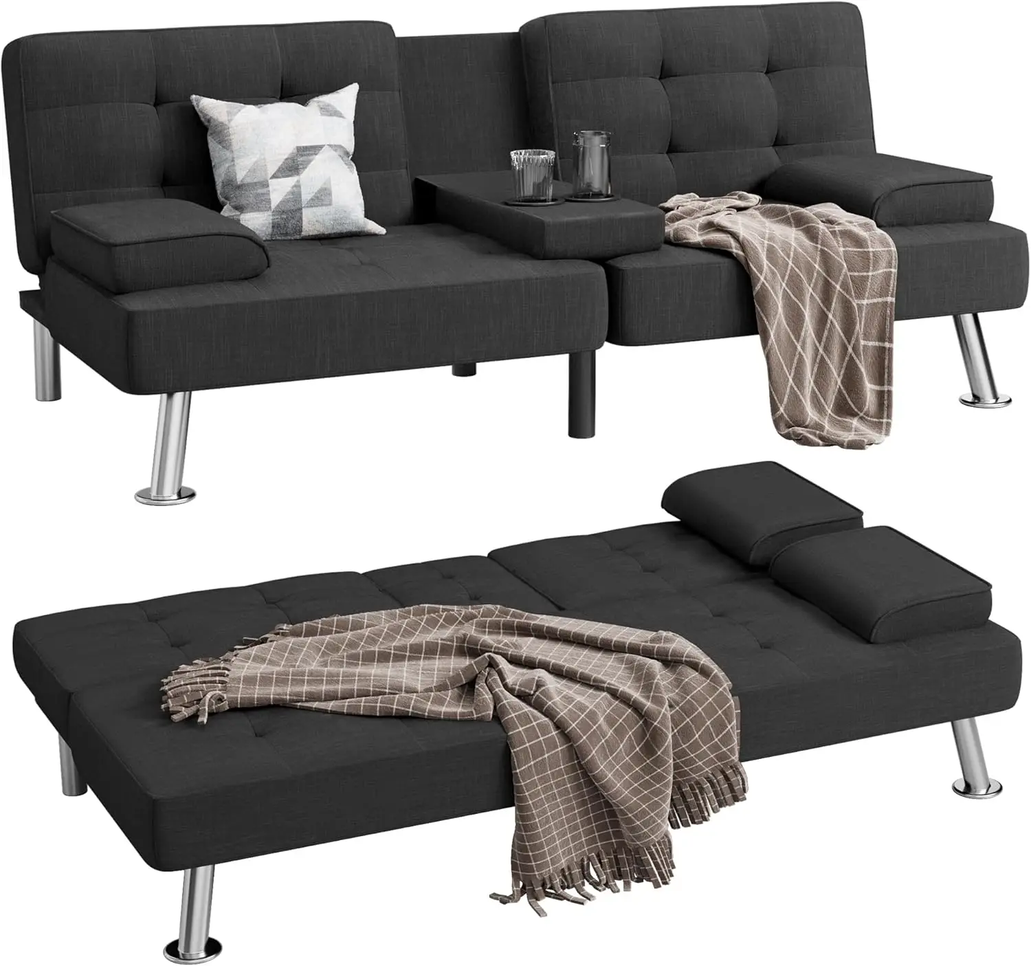 Modern Linen Upholstered Convertible Folding Futon Sofa Bed with Removable Armrests, Metal Legs, 2 Cup Holders for Living Room - Image 5