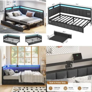 Twin Size Corner Bed Frame with Storage, Daybed with Linen Upholstered Backrest, Children's Bed with LED Lighting
