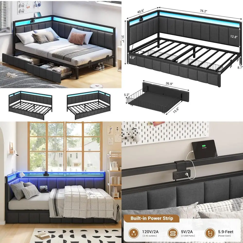 Twin Size Corner Bed Frame with Storage, Daybed with Linen Upholstered Backrest, Children's Bed with LED Lighting