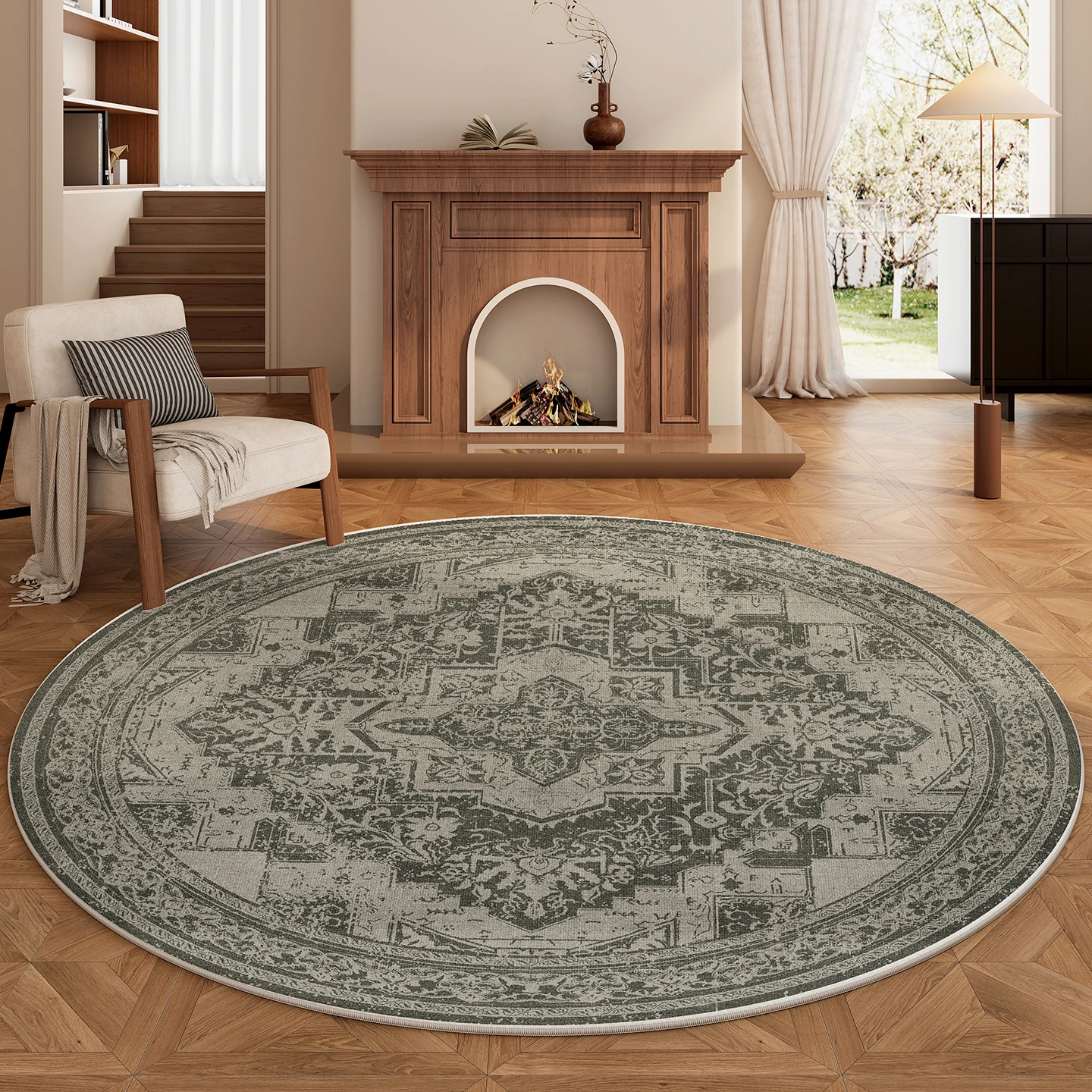 French Style Floral Round Carpet – Washable Green Anti-Slip Rug for Bedroom Living Room Study Home Decor - Image 6