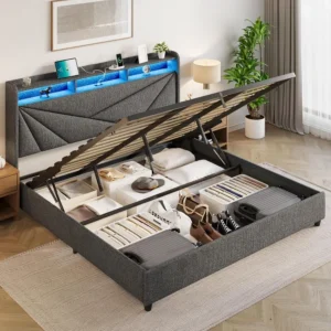 King Size Bed Frame with Storage Lift Up Upholstered King Bed Frame with Charging Station and LED Lights Headboard No Box Sprin