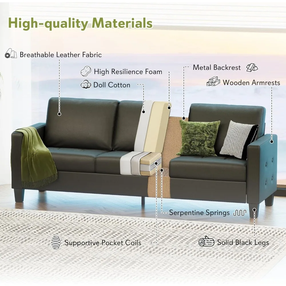 73 Black Faux Leather Sofa Couch, Modern Comfy Office 3 Seater Couch Loveseat with USB and Tufted Armrest, Small Love S - Image 3