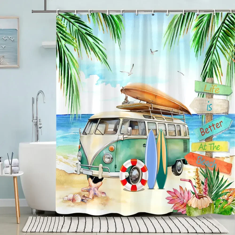 Turtle Shower Curtain Summer Beach Anchor Nautical Starfish Watercolour Art Creative Polyester Shower Curtains Bathroom Decor - Image 3