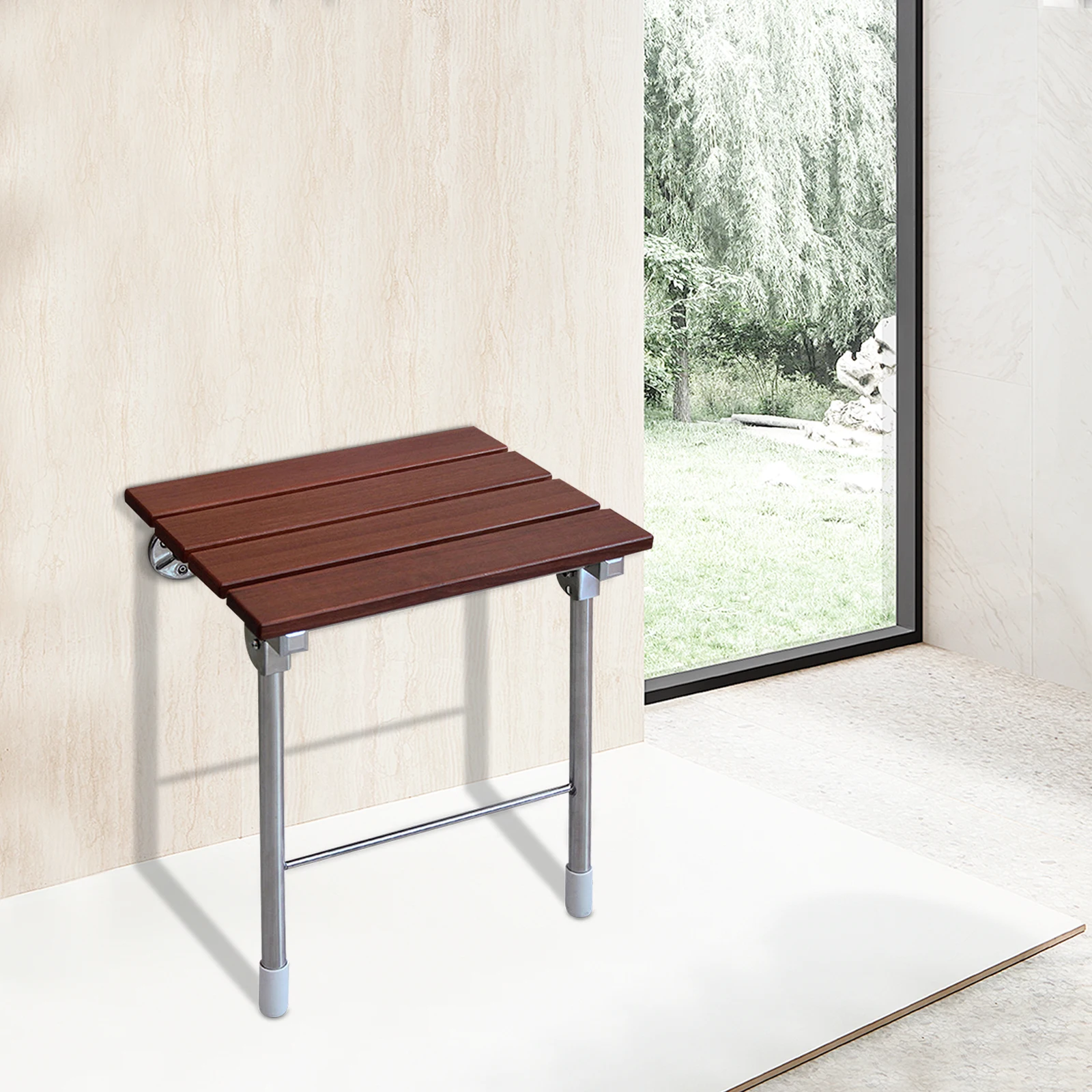 Wooden Wall Mounted Shower Chair, Folding Bathroom Shower Seat, Home & Hotel Furniture, Shoe Bench - 160kg Capacity, 38*31*44cm - Image 2