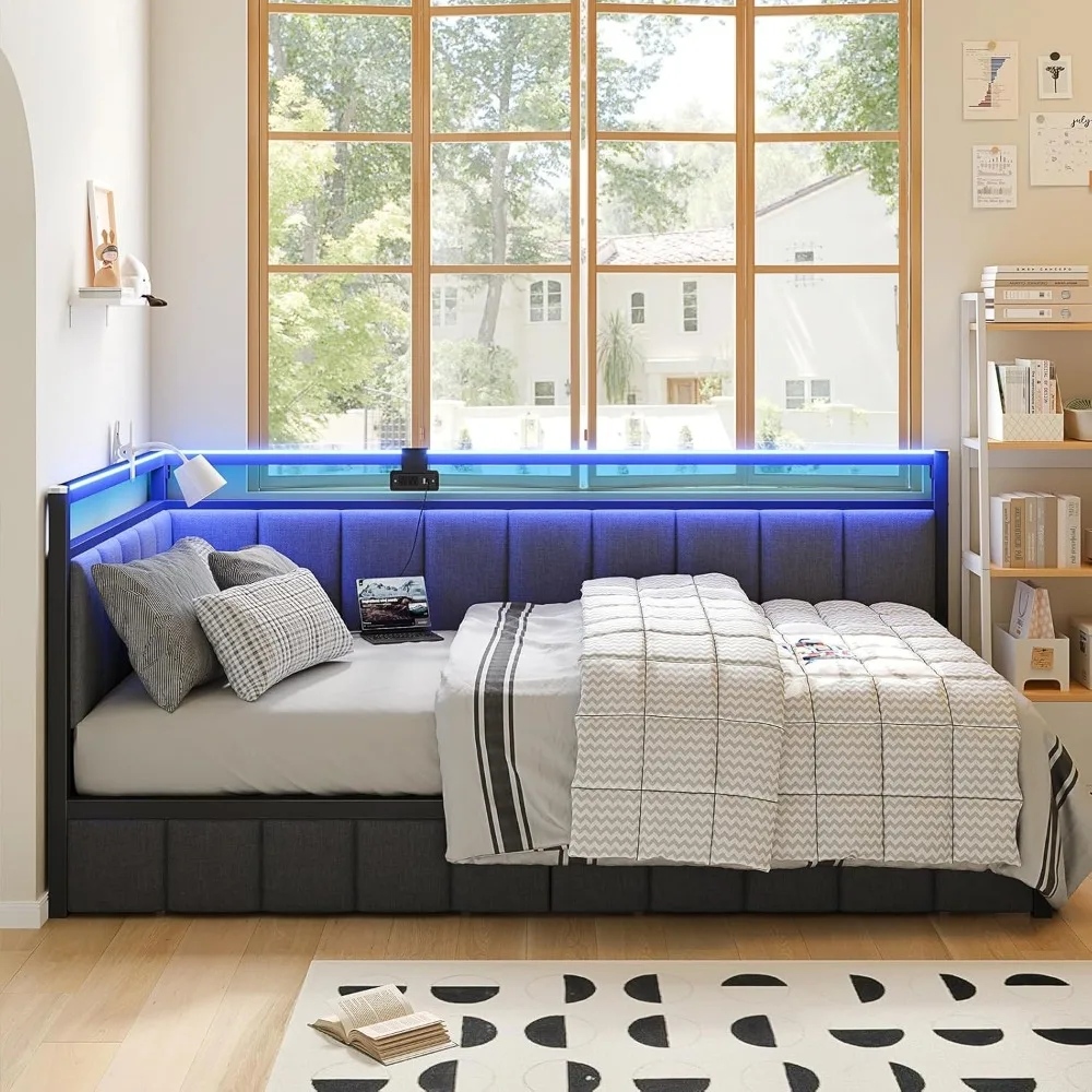 Twin Size Corner Bed Frame with Storage, Daybed with Linen Upholstered Backrest, Children's Bed with LED Lighting - Image 2