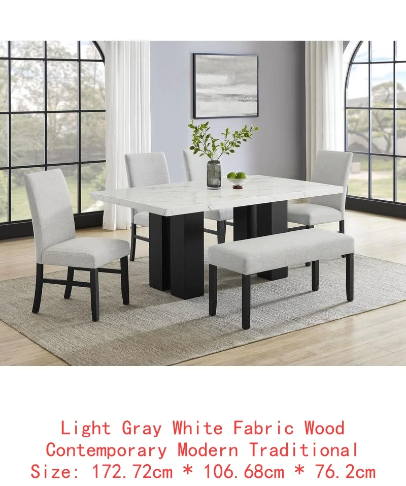 6-Pc Dining Set, White Rectangular Marble Tabletop, Dark Finish Base, Upholstered Chairs & Bench, Soft Wood Furniture for - Image 10