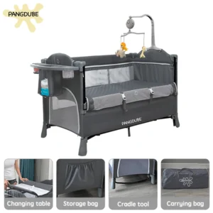 PANGDUBE 4-in-1 Baby Crib Multifunctional Convertible Bed with Rocker & Baby Playpen Newborn Changing Table Foldable Travel Cot