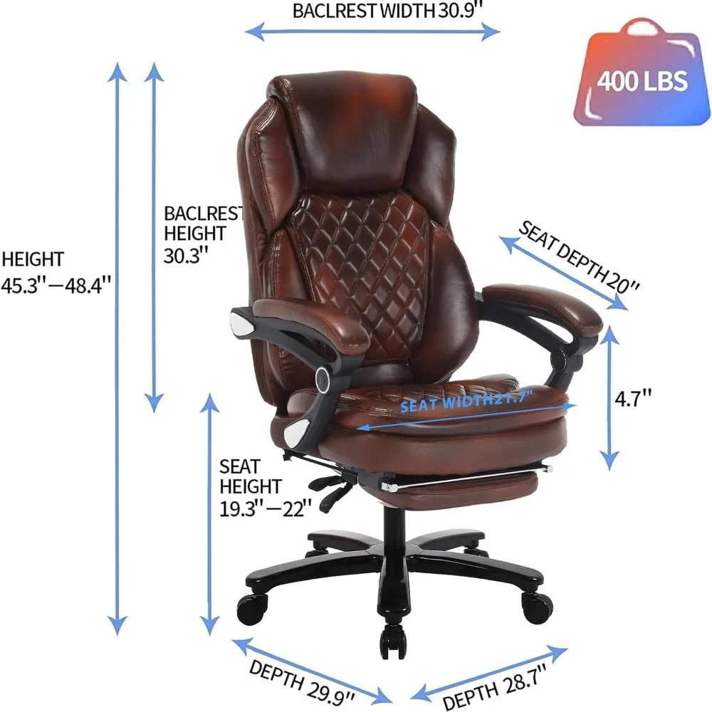 400lb Big Tall Recliner Office Chairs with Footrest PU Leather High Back Reclining Desk Chairs with Wheels, Plus Size Home Offi - Image 2
