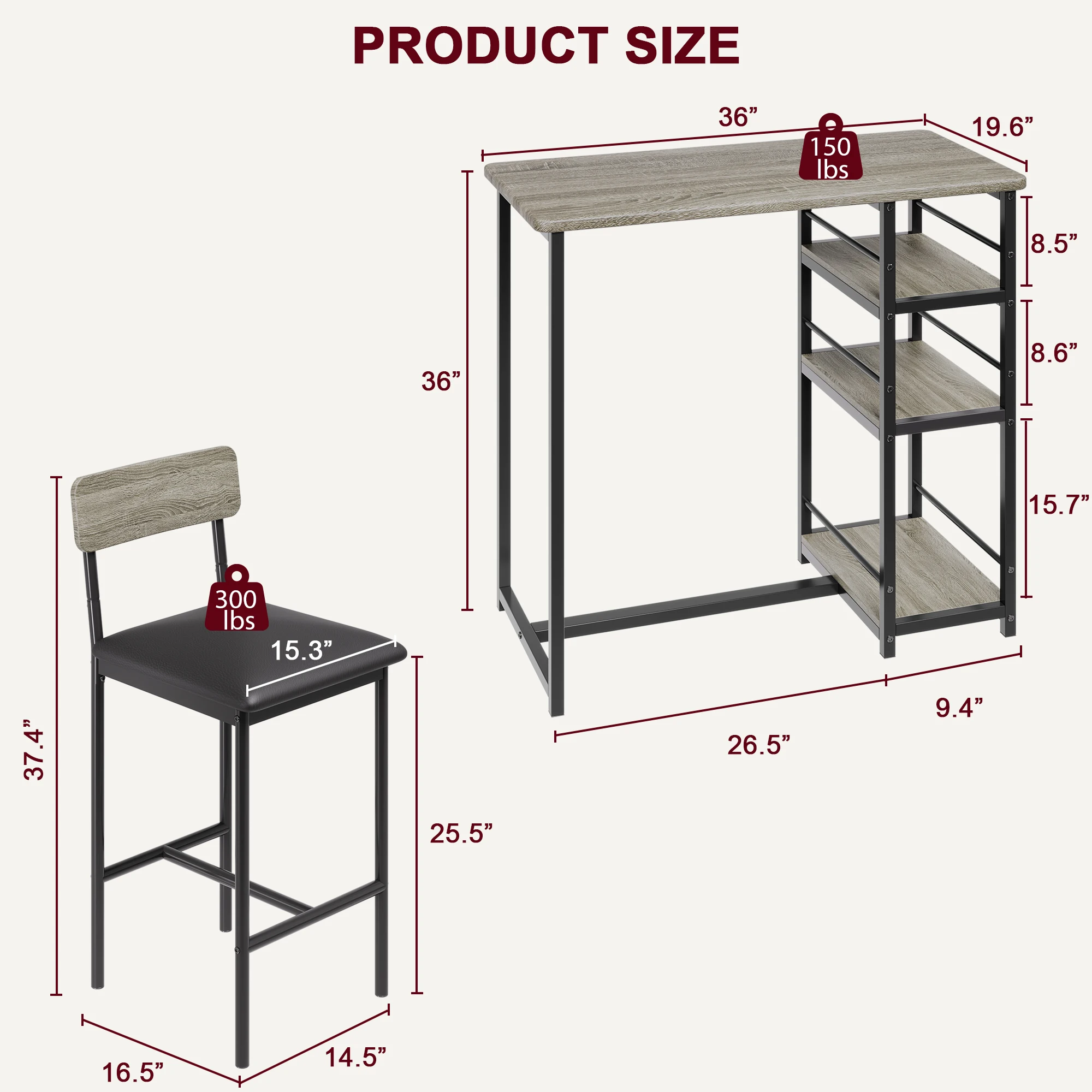 Dining Table Set with 3-Tier Shelves Bar Kitchen Table Set with 2 Padded Chairs 3-Piece Kitchen Table Set for Home, Small Space - Image 5