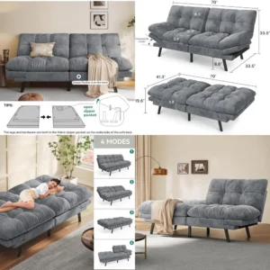 Convertible Futon Sofa Bed with Cat-Scratch-Proof Fabric, Adjustable Backrest and Armrest, Modern Loveseat Sleeper Couch