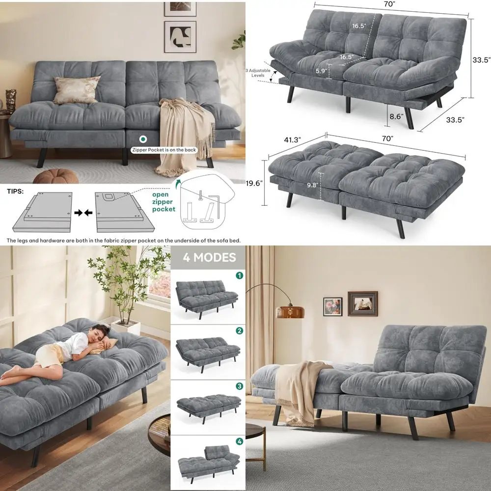 Convertible Futon Sofa Bed with Cat-Scratch-Proof Fabric, Adjustable Backrest and Armrest, Modern Loveseat Sleeper Couch