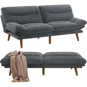 3-in-1 Futon Sofa Bed, 73″ Corduroy Futon Couch with Adjustable Backrest & Ars, Lmrests, Vintage Couch for Small Space Grey