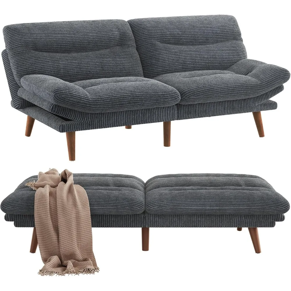 3-in-1 Futon Sofa Bed, 73″ Corduroy Futon Couch with Adjustable Backrest & Ars, Lmrests, Vintage Couch for Small Space Grey