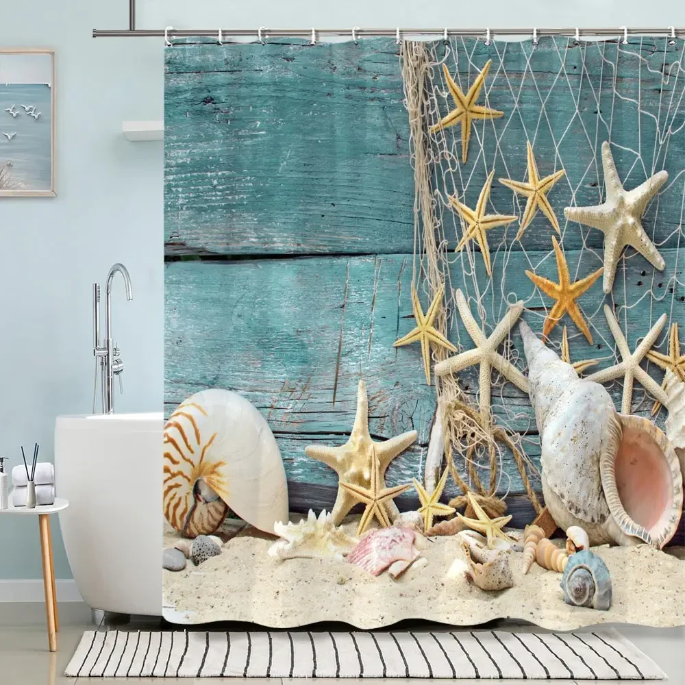Turtle Shower Curtain Summer Beach Anchor Nautical Starfish Watercolour Art Creative Polyester Shower Curtains Bathroom Decor - Image 6