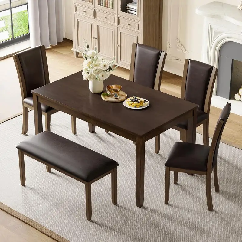 6-Piece Dining Table Set with Bench and Chairs, Wooden Farmhouse Style Dining Set for 6 People, Dark Walnut Finish for Dining