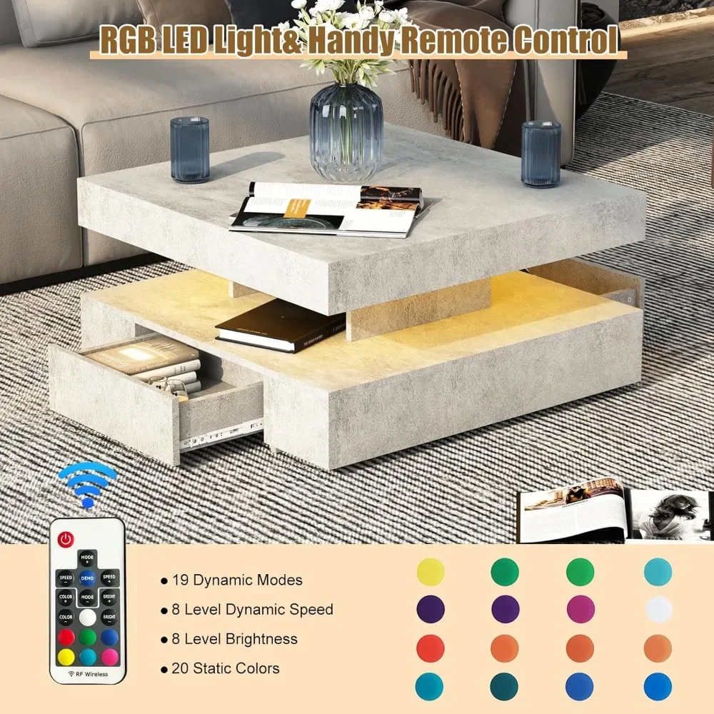 LED Coffee Table with 2 Storage Drawers for Living Room Square Center Middle Table Modern Cocktail Table with Light - Image 5