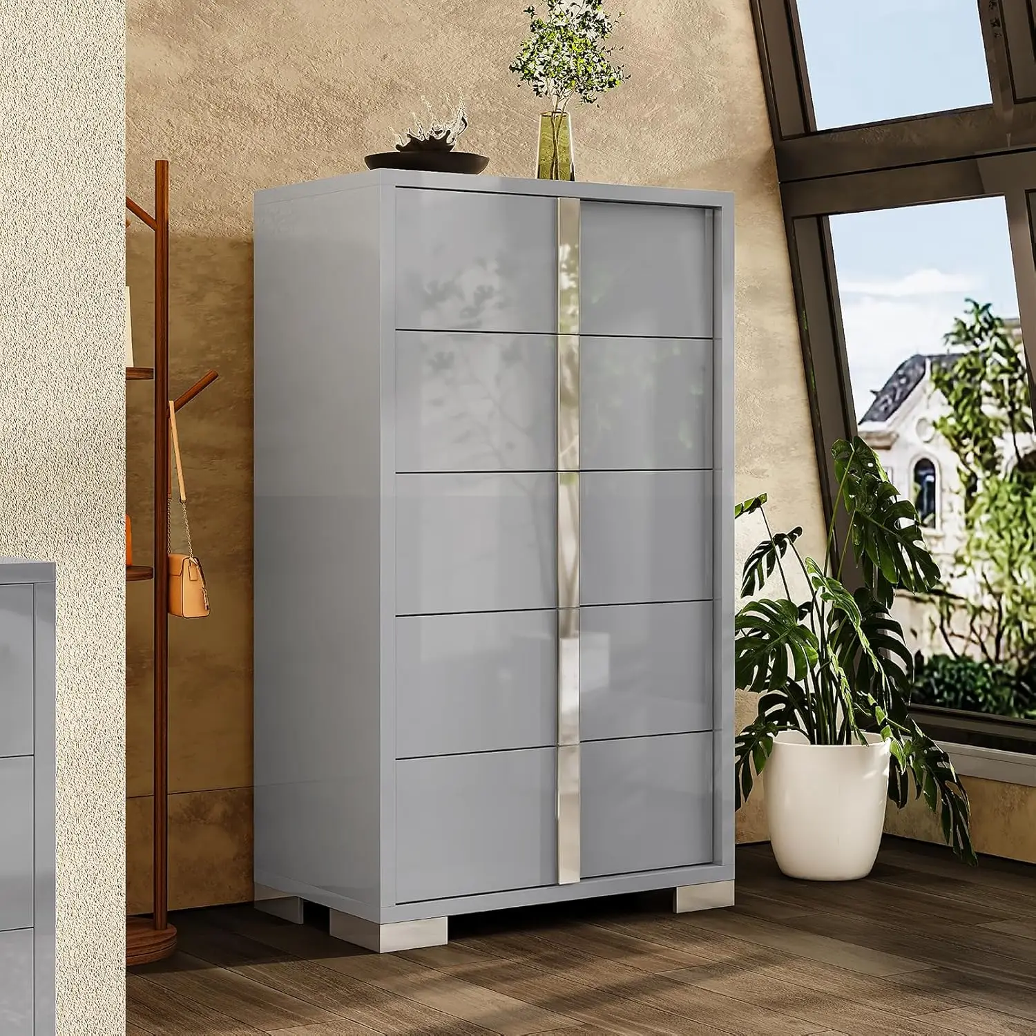 Modern 54" Wide High Gloss Dresser with 6 Drawers, Silver Grooved Handle, Contemporary Storage Chest for Bedroom - Image 7