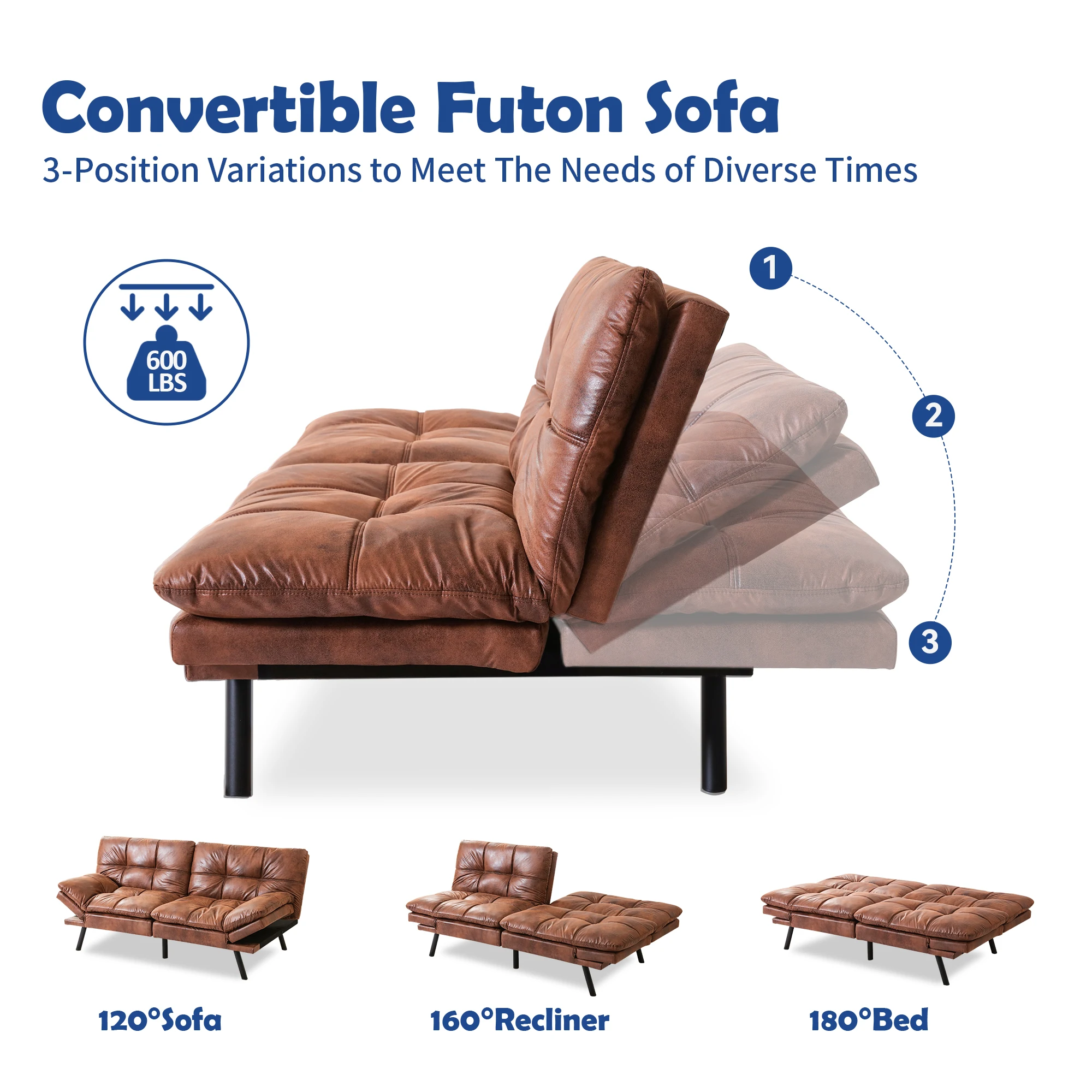 Hcore Futon Sofa Bed,Sleeper Convertible Futon Couch,Memory Foam Futon Couch,Convertible Loveseat Sofa Bed - Image 4