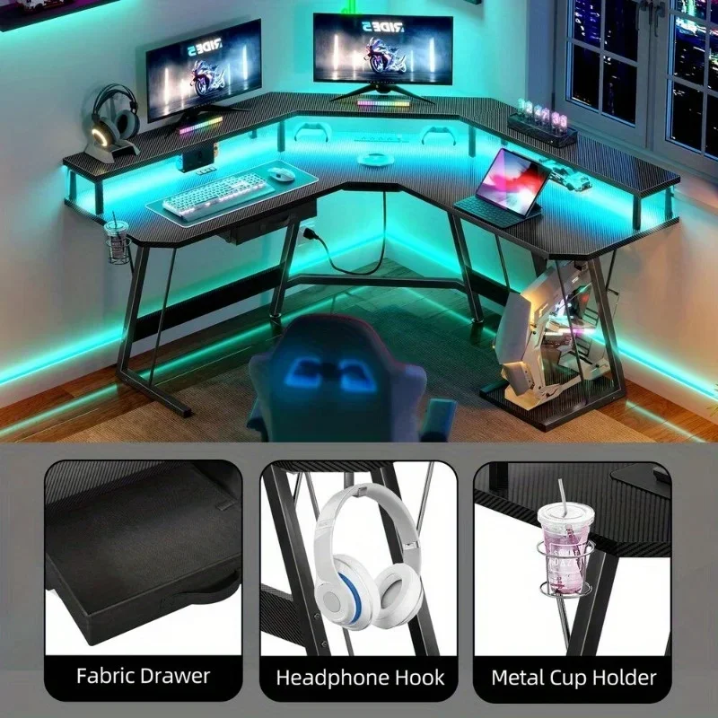 Gaming Desk Corner Table Computer Desk with RGB Light Power Outlets - Image 6