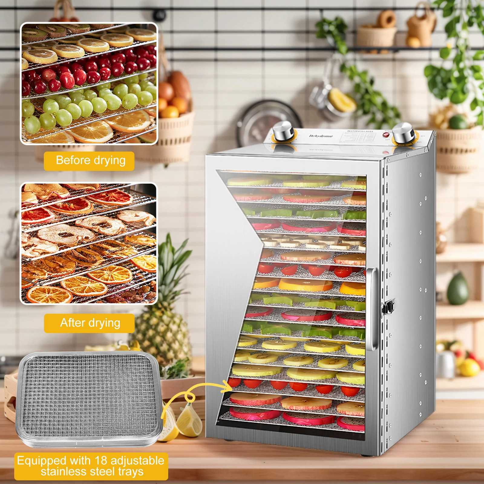 Food-Dehydrator Machine with 18 Stainless Steel Trays Temperature Control Stainless Steel Dehydrator Machine for Meats & Veggies - Image 4