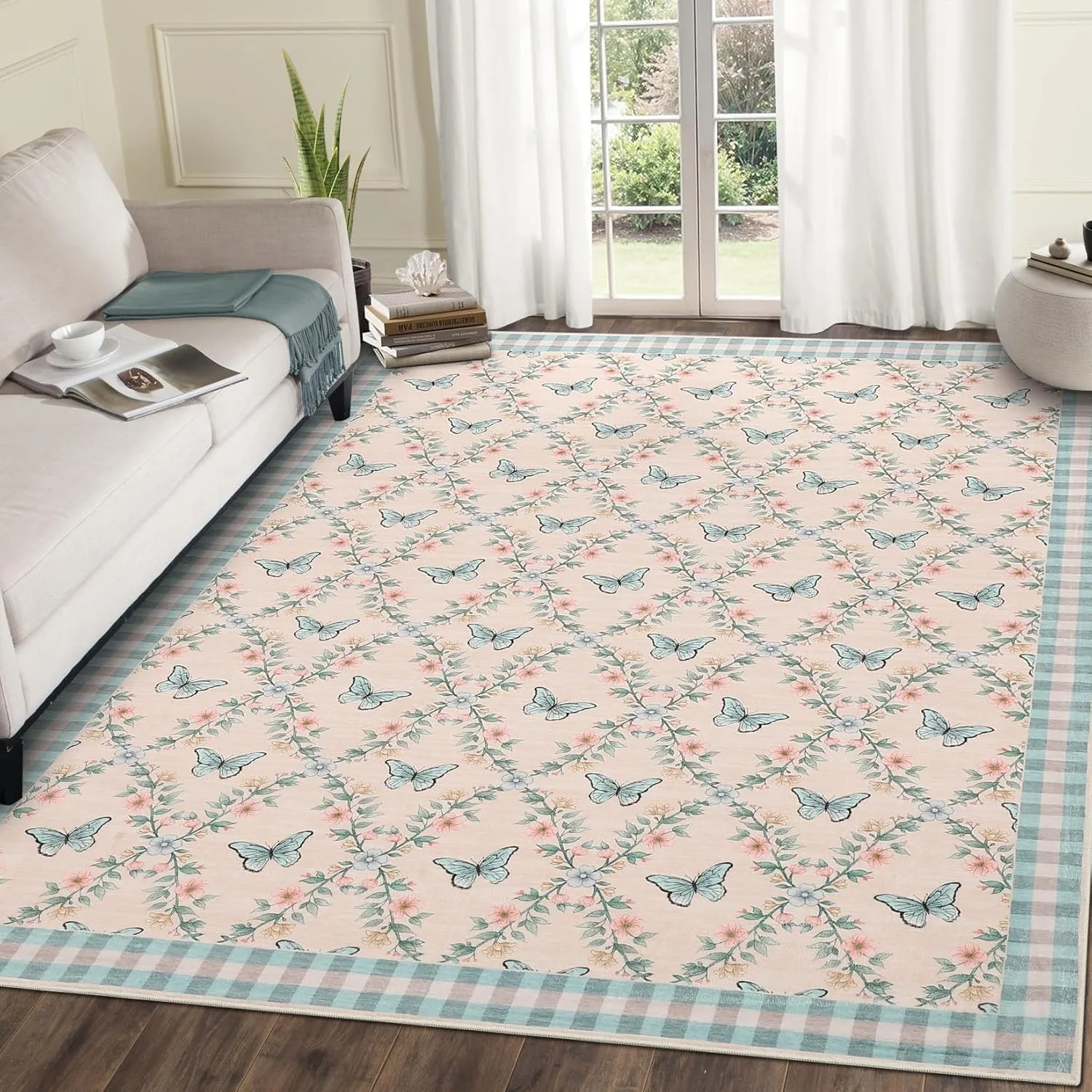 Floral Living Room Carpet Soft Plush Pink Large Area Girl's Bedroom Bedside Rugs Machine Washable Foldable Floor Mats שטיח לסלון
