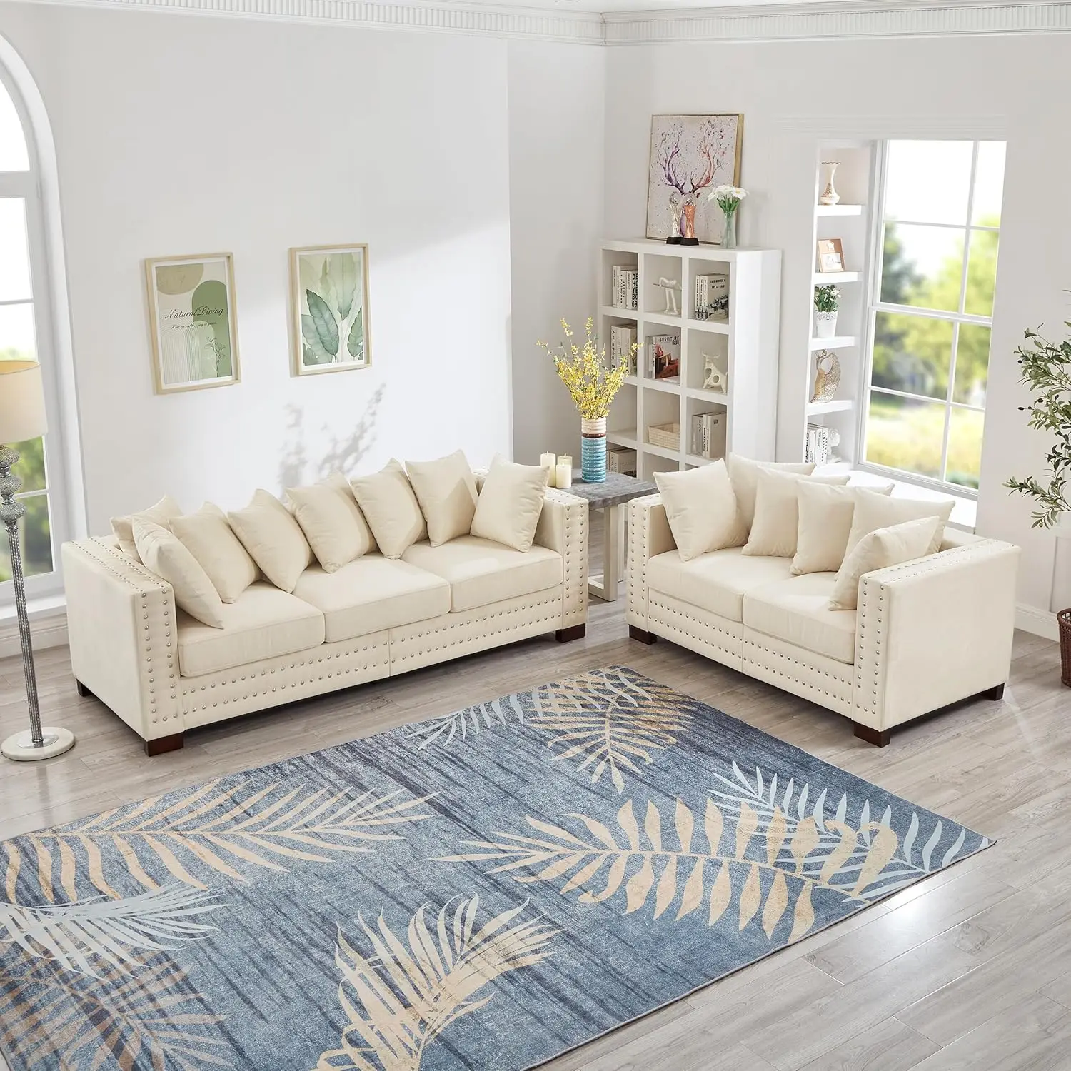 2-Piece Modern Velvet Upholstered 2+3 Seater Sofa Set with Storage Space, Loveseat and Sofa Couch with Silver Nail Trim - Image 7