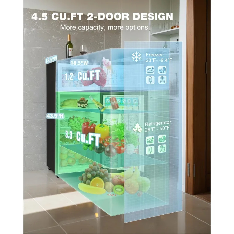 Double Door Refrigerator with Freezer, 4.5 Cu.Ft, Small Fridge with Freezer, 7 Settings Temperature Adjustable,Mini Refrigerator - Image 5
