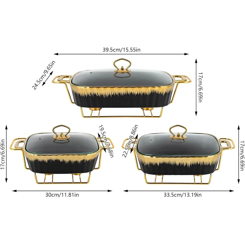 3 Piece Set Ceramic Chafing Dishes Buffet Set, Luxury Black Ceramics Chafer with Gold Trim, Chafer and Buffet Warmer Set for Buf - Image 5