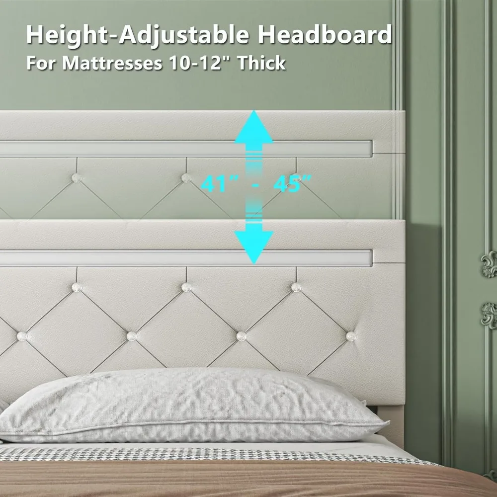 Bed Frame Full Size with LED Light and Storage Drawers, Adjustable Headboard with PU Leather Upholstered, 2 Sockets and 2 USB - Image 4