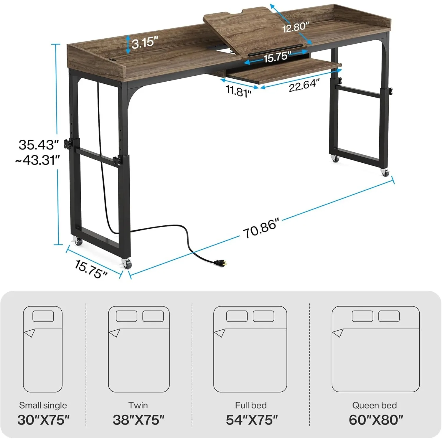 Height Adjustable Overbed Table with Wheels, Queen Size Over Bed Desk with Adjustable, Mobile Laptop Cart Computer Desk - Image 2