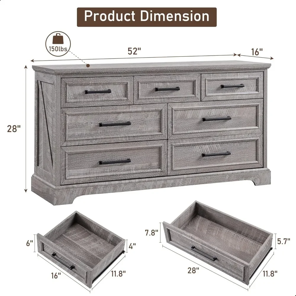 7 Drawer Dresser, Farmhouse Chest of Drawers for Bedroom, 52" Wide Kids Dresser TV Stand with Large Metal Handles - Image 2