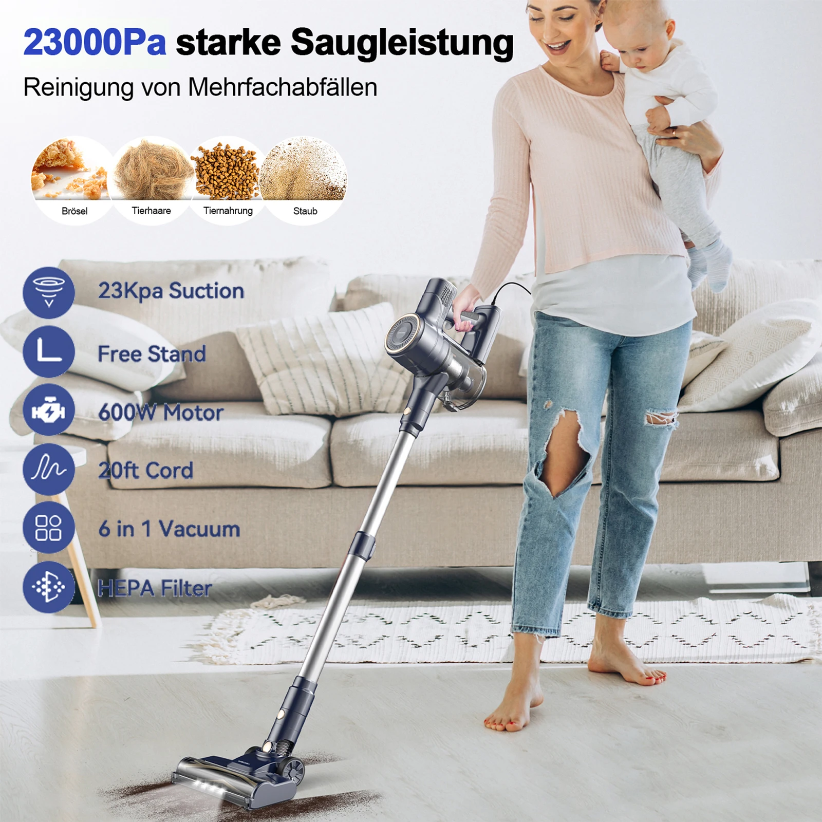 I8 Corded Vacuum Cleaner, 23000Pa 6M Long Cord Stick Vacuum for Floor, Carpet, Pet Hair - Image 2