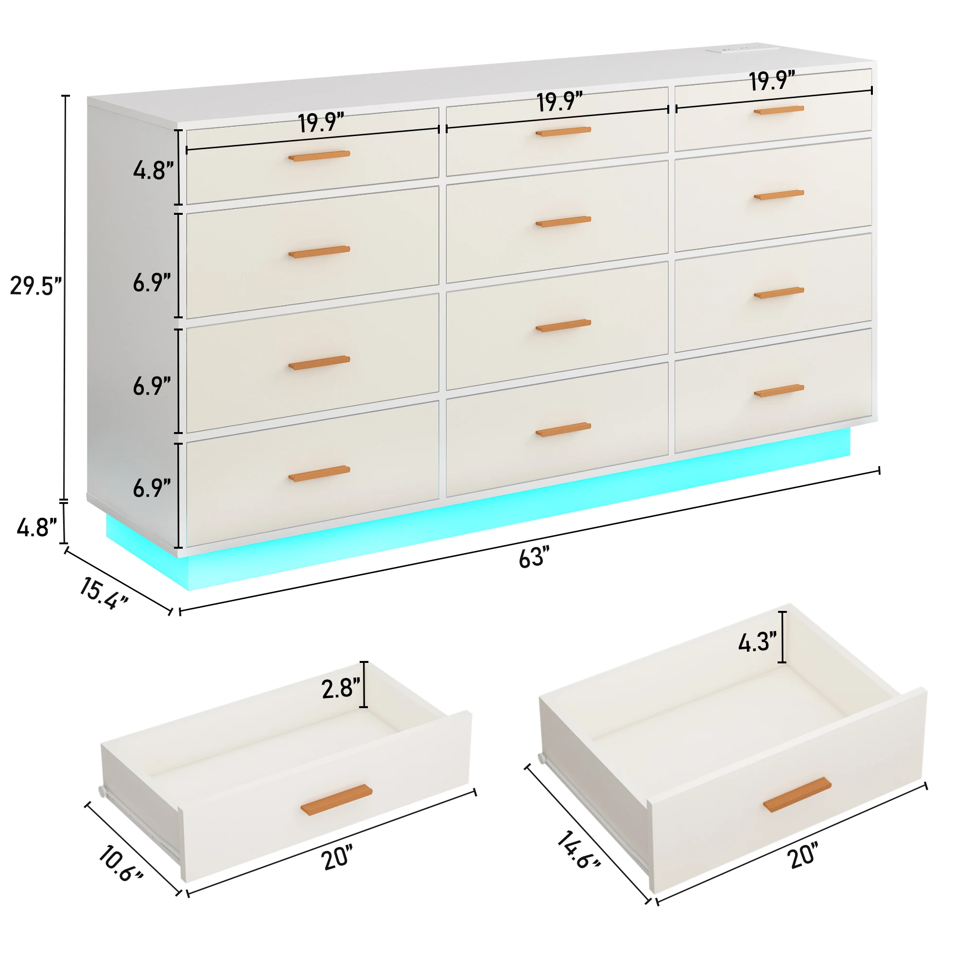 12 Drawer Dresser for Bedroom, 63'' Modern Chest of Drawers with Power Outlets & LED Lights, Wood Dresser for Living Room - Image 6