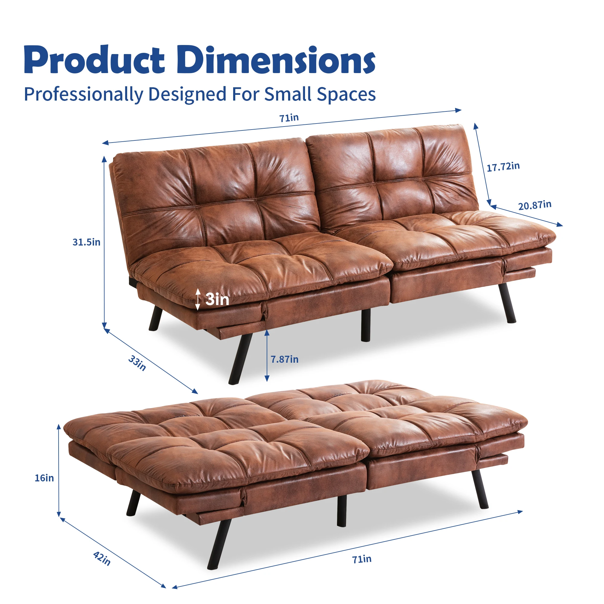 Hcore Futon Sofa Bed,Sleeper Convertible Futon Couch,Memory Foam Futon Couch,Convertible Loveseat Sofa Bed - Image 5