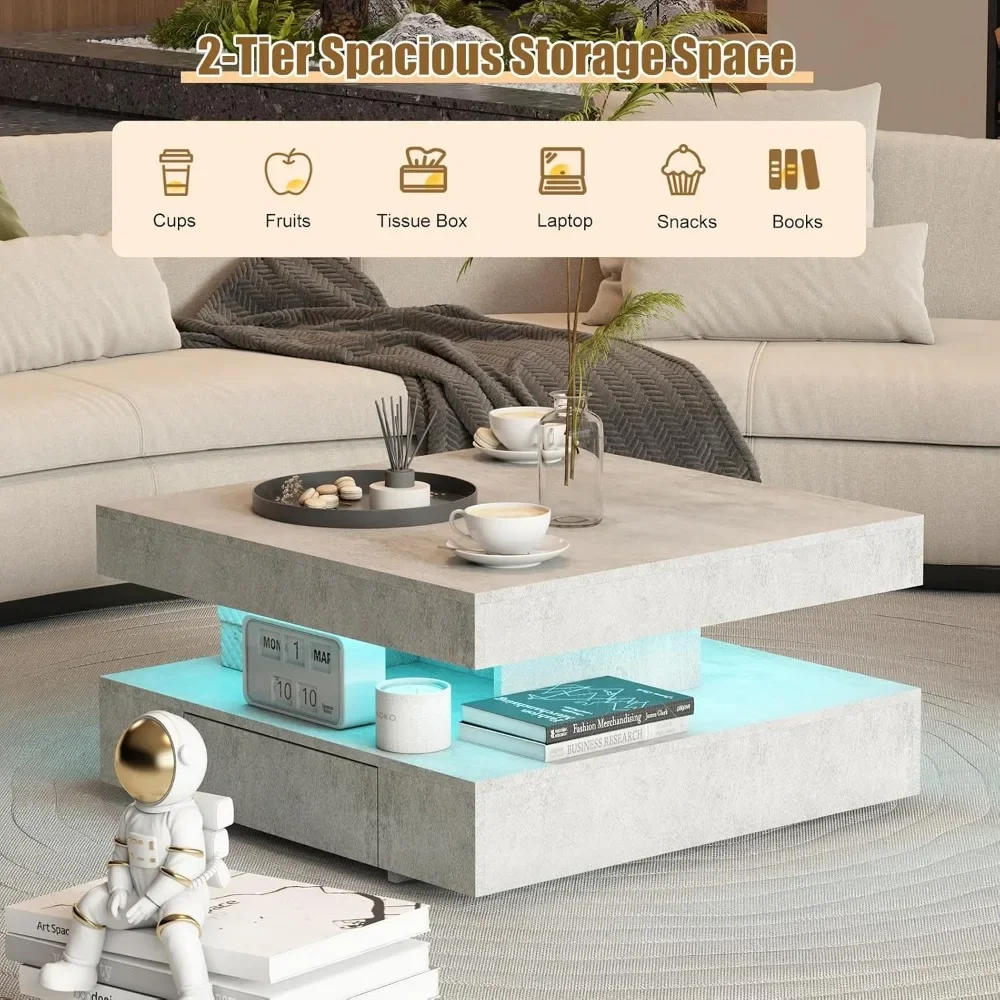 LED Coffee Table with 2 Storage Drawers for Living Room Square Center Middle Table Modern Cocktail Table with Light - Image 3