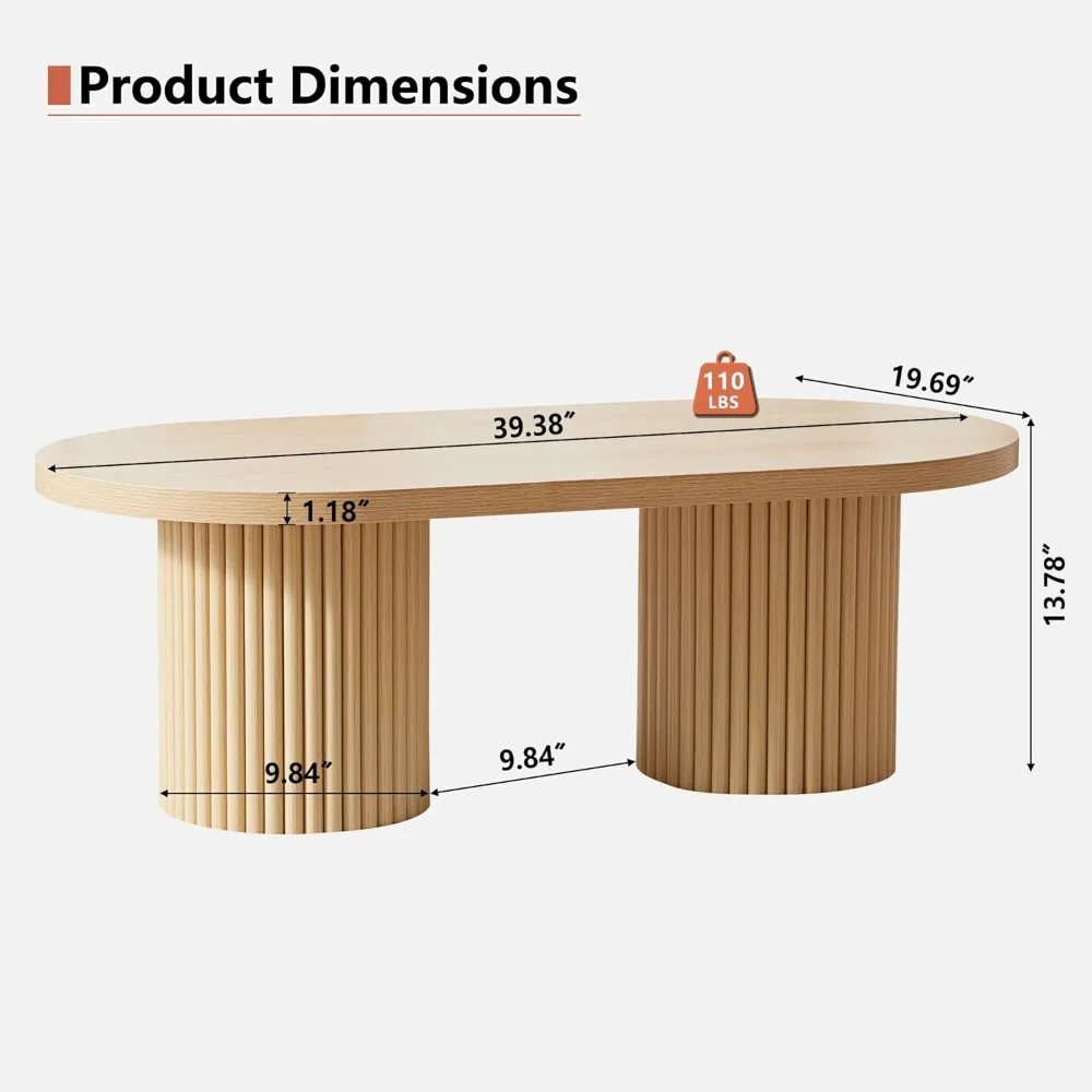 Fluted Oval Coffee Table for Living Room, Boho Modern Coffee Table with Fluted Legs, Curved Round Wood Center Table for Home, S - Image 2