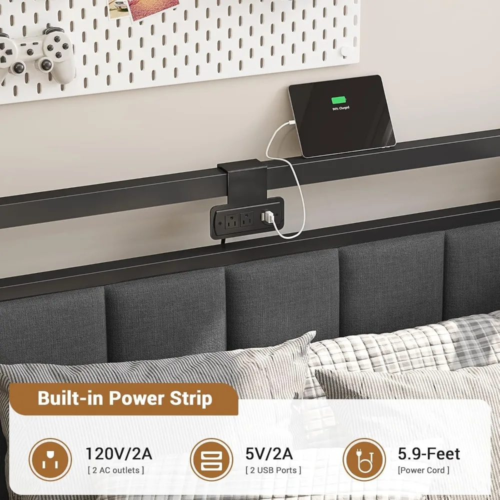Twin Size Corner Bed Frame with Storage, Daybed with Linen Upholstered Backrest, Children's Bed with LED Lighting - Image 6