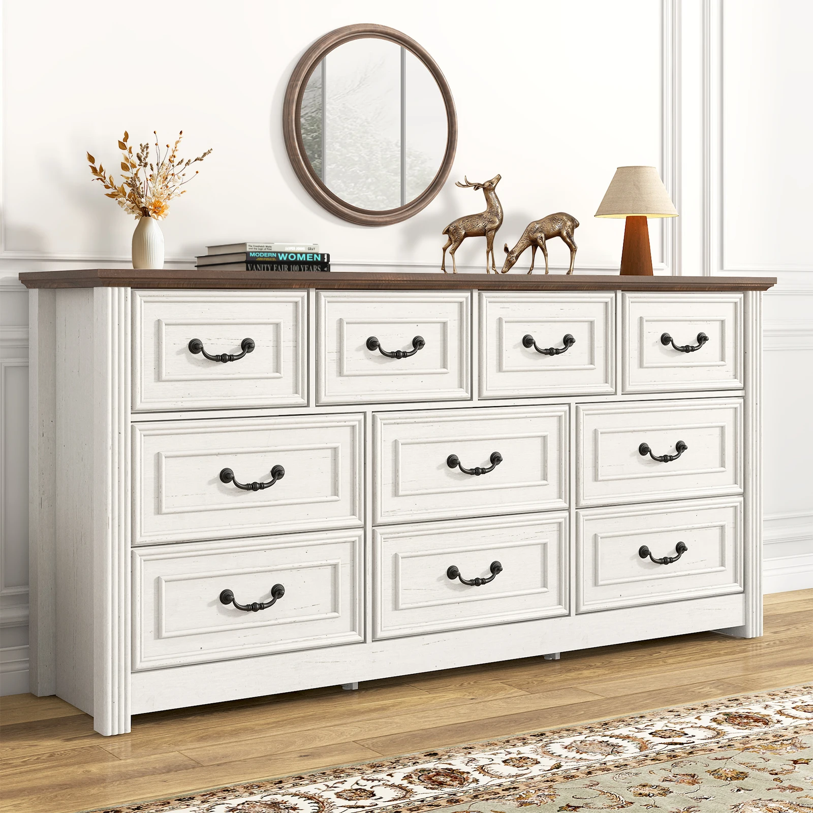 Farmhouse 10 Drawer Dresser for Bedroom, 63” Wood Chest of Drawers with Rustic Handles, Wide Closet Dressers Organizer - Image 2