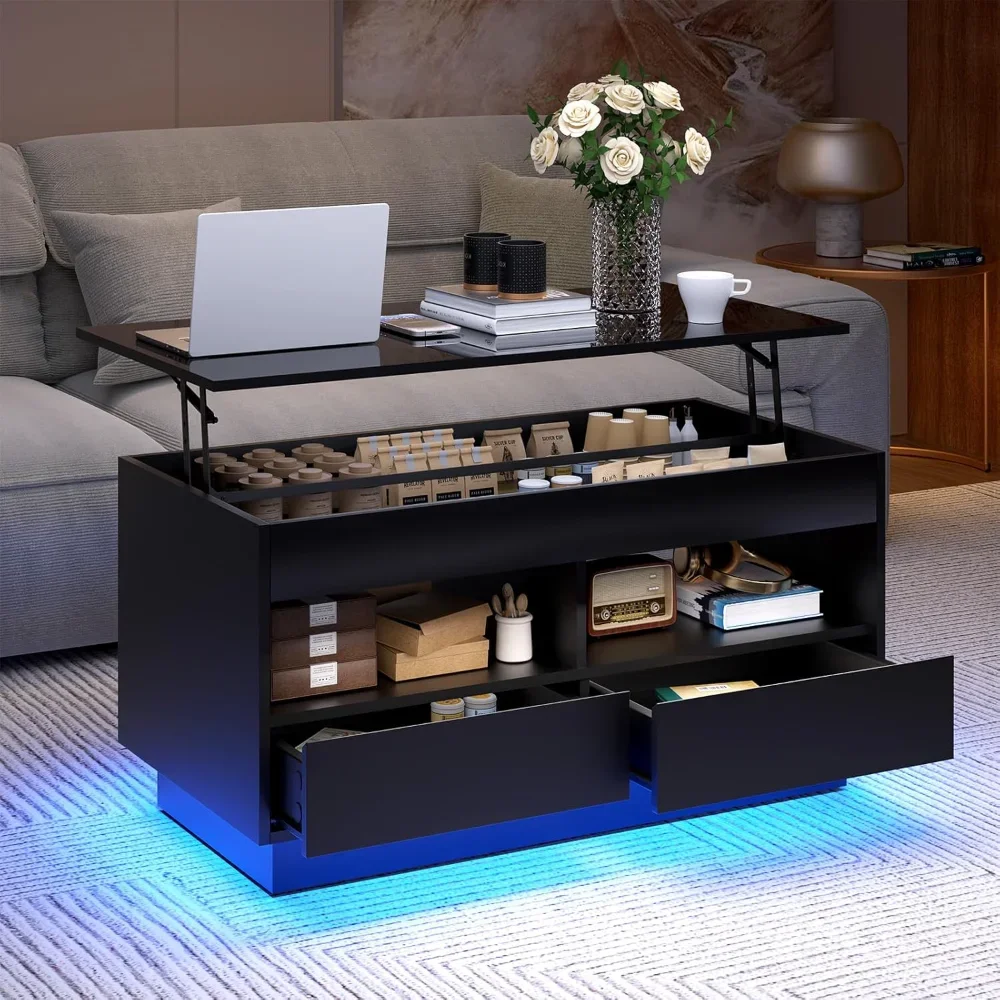 LED Coffee Table Morden with High Gloss Black Lift Top DiningTable with Hidden Storage Living Room 4Tiers TeaTable Center Tables