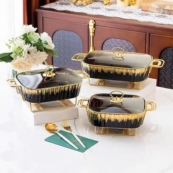 3 Piece Set Ceramic Chafing Dishes Buffet Set, Luxury Black Ceramics Chafer with Gold Trim, Chafer and Buffet Warmer Set for Buf - Image 6