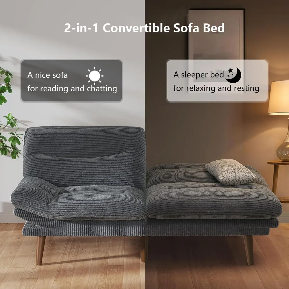 3-in-1 Futon Sofa Bed, 73″ Corduroy Futon Couch with Adjustable Backrest & Ars, Lmrests, Vintage Couch for Small Space Grey - Image 6