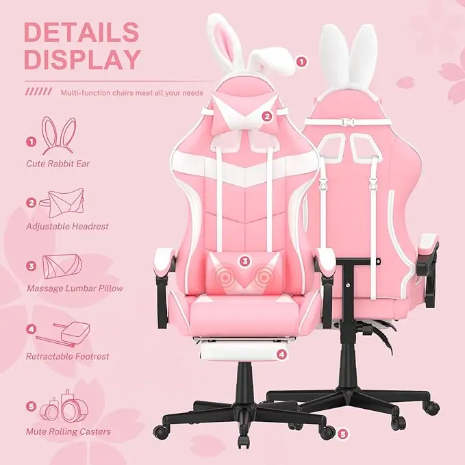 Pink Gaming Chair with Footrest,Lovely Cute Bunny Computer Gamer Chair,Kawaii Desk Chair for Granddaughter,Sister,Girlfri - Image 4