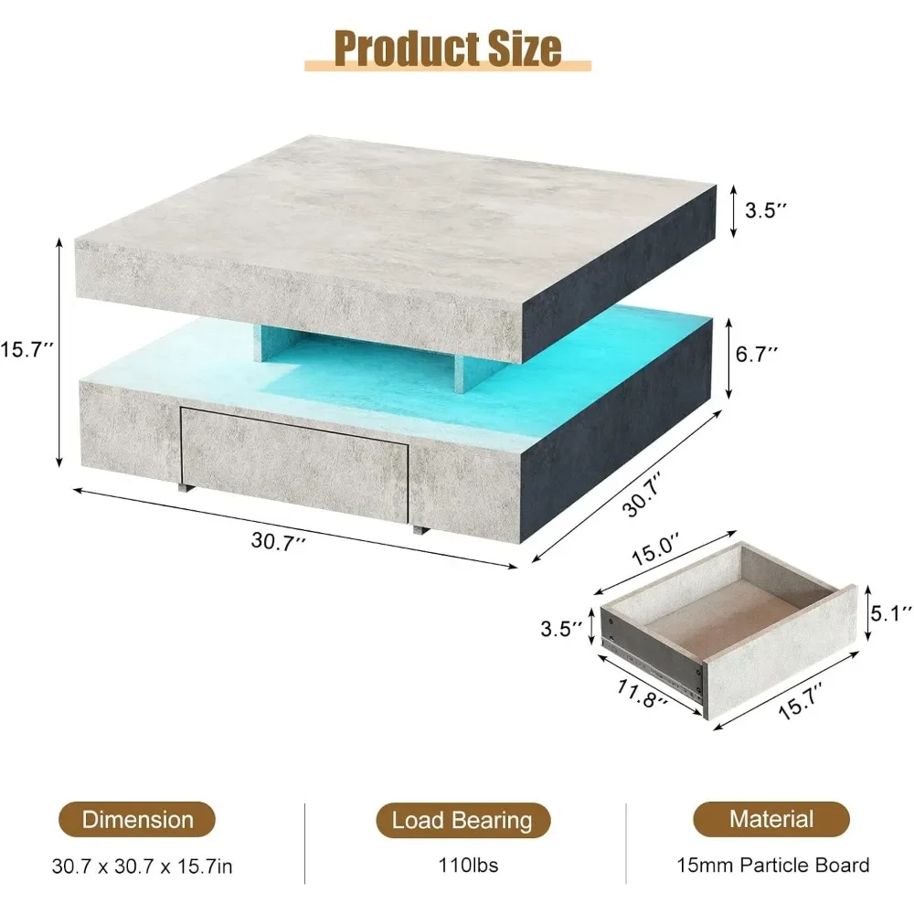 LED Coffee Table with 2 Storage Drawers for Living Room Square Center Middle Table Modern Cocktail Table with Light - Image 4