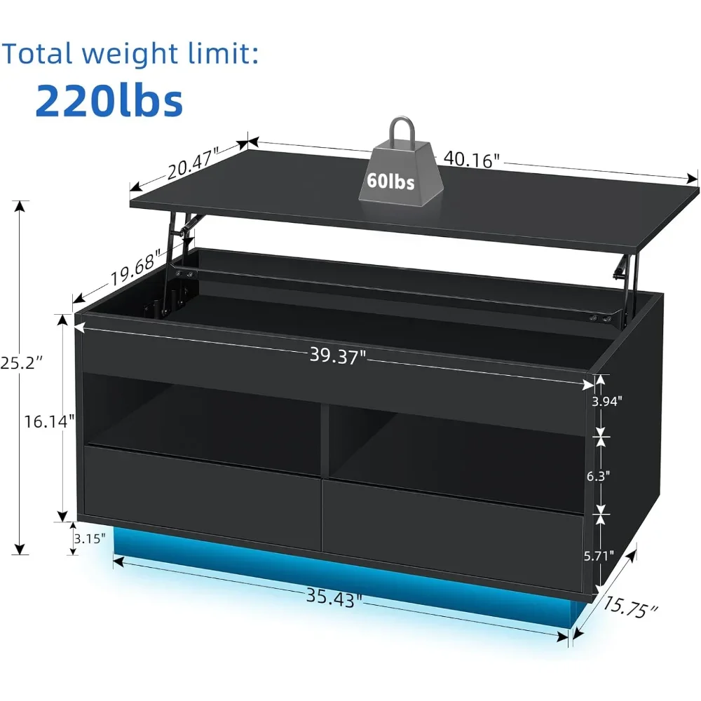 LED Coffee Table Morden with High Gloss Black Lift Top DiningTable with Hidden Storage Living Room 4Tiers TeaTable Center Tables - Image 5
