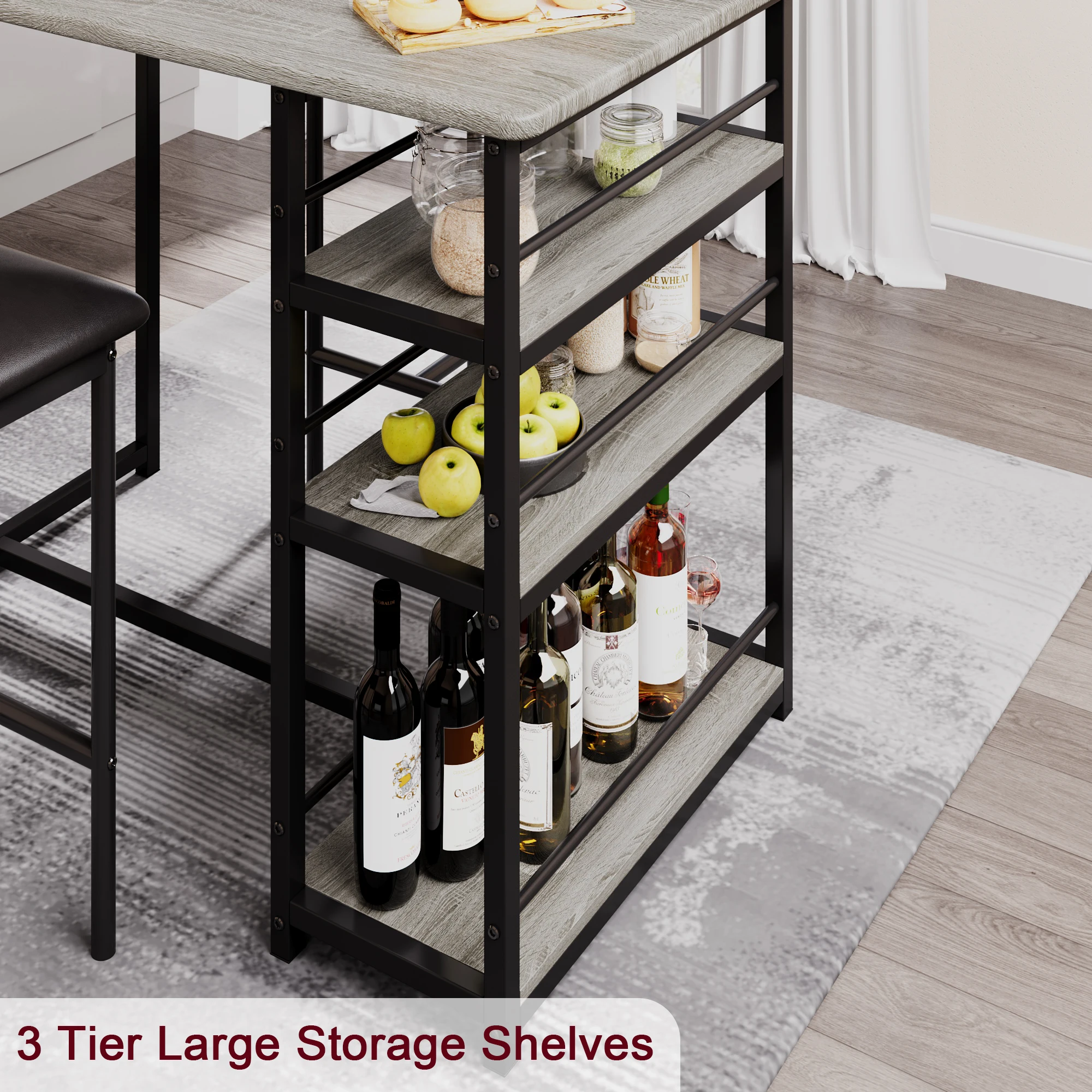 Dining Table Set with 3-Tier Shelves Bar Kitchen Table Set with 2 Padded Chairs 3-Piece Kitchen Table Set for Home, Small Space - Image 3