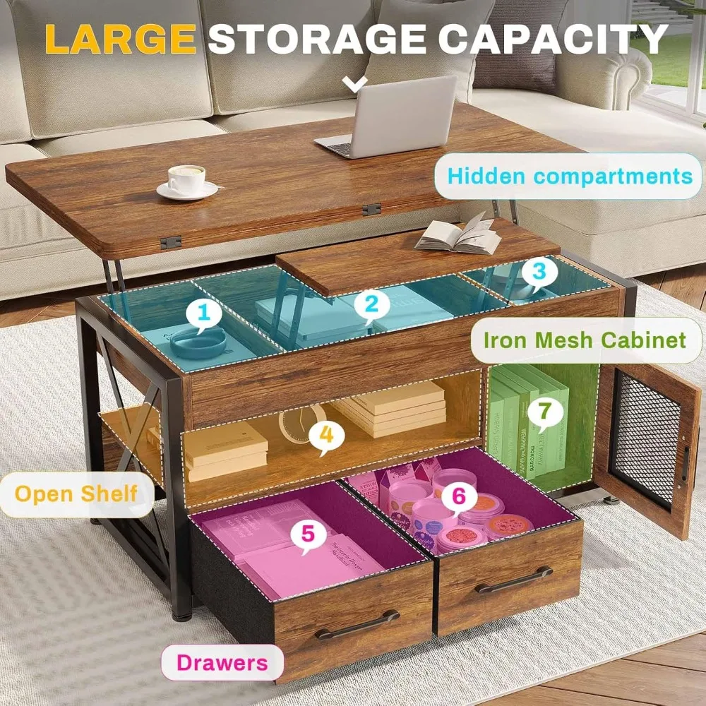 40" Lift Top Coffee Table, 4 in 1 Coffee Tables with Storage Cabinet for Living Room, Small Farmhouse Coffee Table with 2 - Image 3