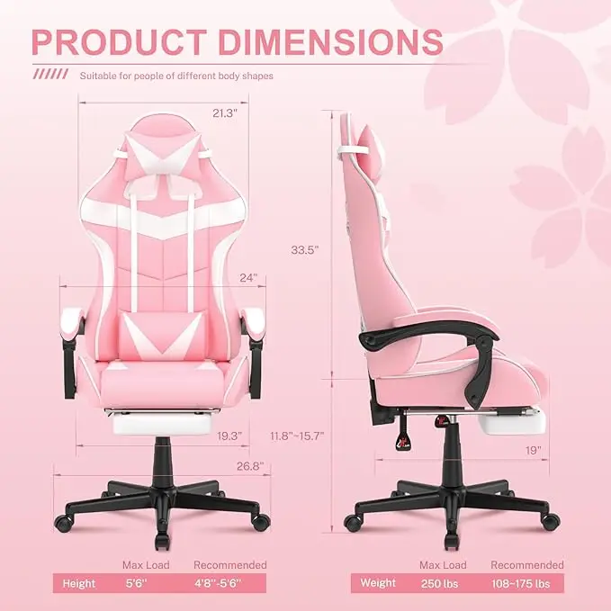 Pink Gaming Chair with Footrest,Lovely Cute Bunny Computer Gamer Chair,Kawaii Desk Chair for Granddaughter,Sister,Girlfri - Image 3